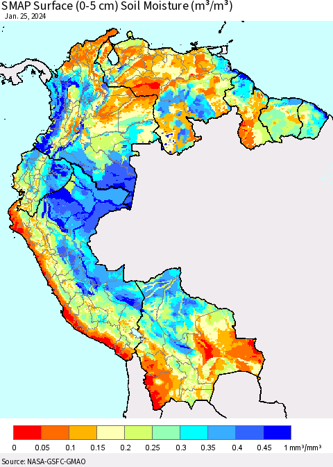Northern South America SMAP Surface (0-5 cm) Soil Moisture (m³/m³) Thematic Map For 1/21/2024 - 1/25/2024