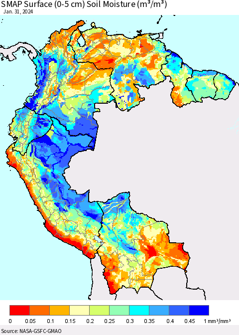 Northern South America SMAP Surface (0-5 cm) Soil Moisture (m³/m³) Thematic Map For 1/26/2024 - 1/31/2024
