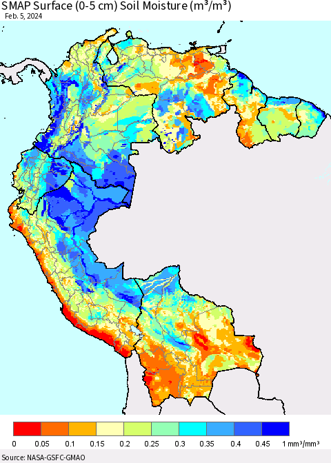 Northern South America SMAP Surface (0-5 cm) Soil Moisture (m³/m³) Thematic Map For 2/1/2024 - 2/5/2024