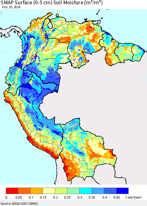Northern South America SMAP Surface (0-5 cm) Soil Moisture (m³/m³) Thematic Map For 2/6/2024 - 2/10/2024