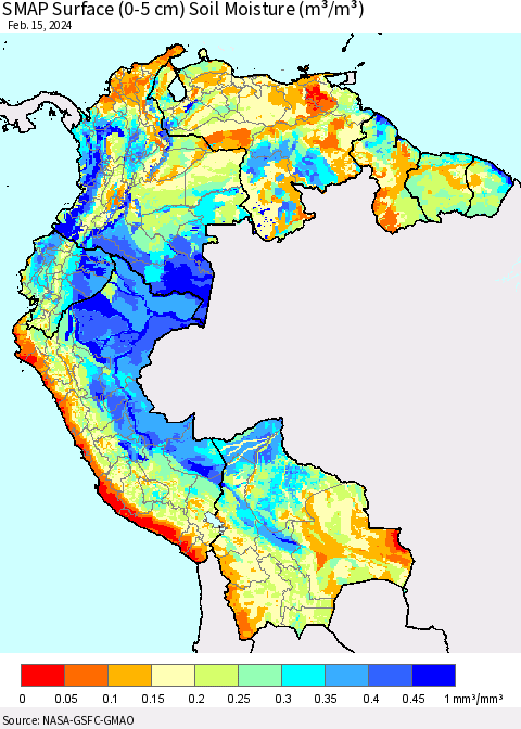 Northern South America SMAP Surface (0-5 cm) Soil Moisture (m³/m³) Thematic Map For 2/11/2024 - 2/15/2024