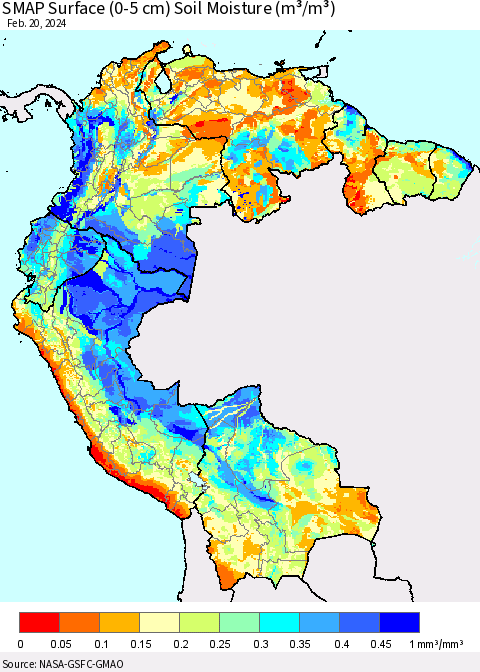Northern South America SMAP Surface (0-5 cm) Soil Moisture (m³/m³) Thematic Map For 2/16/2024 - 2/20/2024