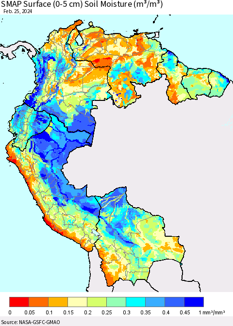 Northern South America SMAP Surface (0-5 cm) Soil Moisture (m³/m³) Thematic Map For 2/21/2024 - 2/25/2024