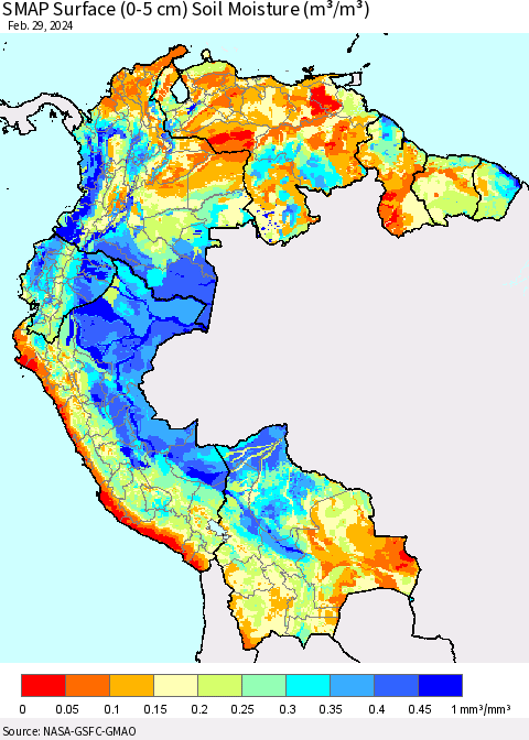 Northern South America SMAP Surface (0-5 cm) Soil Moisture (m³/m³) Thematic Map For 2/26/2024 - 2/29/2024