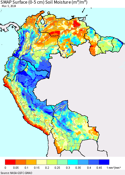 Northern South America SMAP Surface (0-5 cm) Soil Moisture (m³/m³) Thematic Map For 3/1/2024 - 3/5/2024