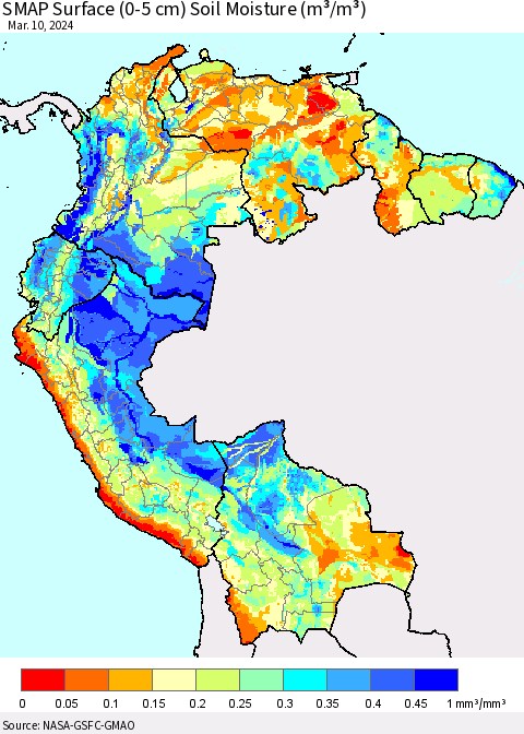 Northern South America SMAP Surface (0-5 cm) Soil Moisture (m³/m³) Thematic Map For 3/6/2024 - 3/10/2024