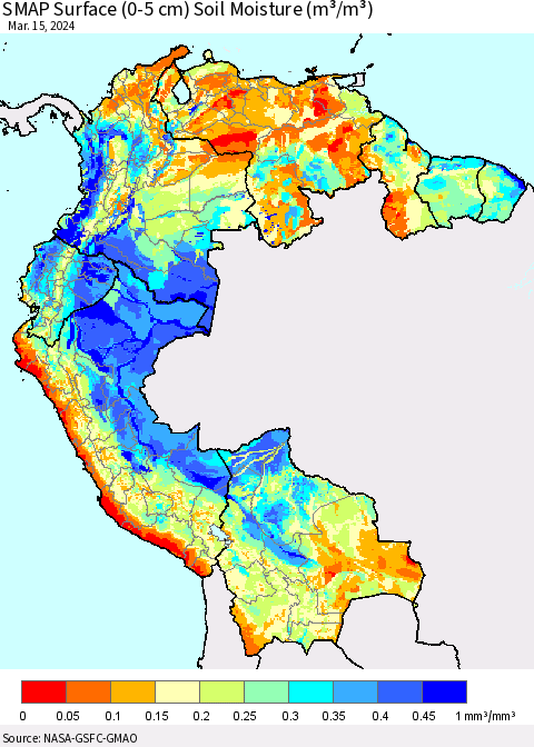 Northern South America SMAP Surface (0-5 cm) Soil Moisture (m³/m³) Thematic Map For 3/11/2024 - 3/15/2024