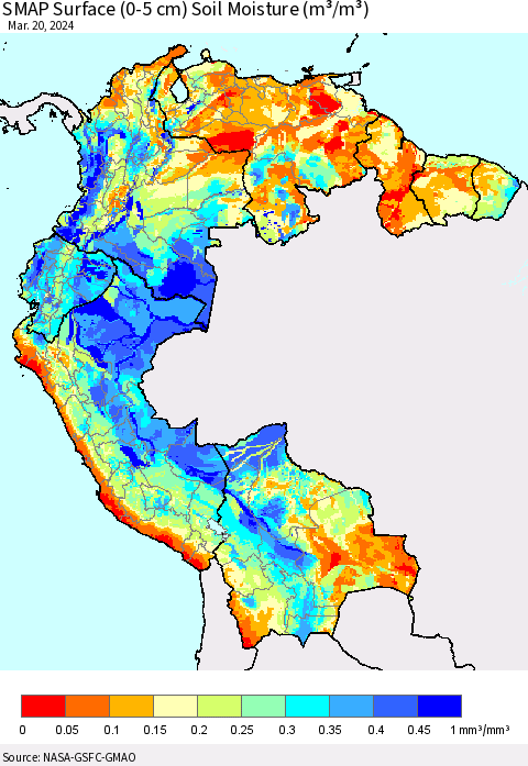 Northern South America SMAP Surface (0-5 cm) Soil Moisture (m³/m³) Thematic Map For 3/16/2024 - 3/20/2024