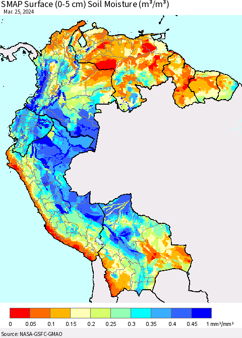 Northern South America SMAP Surface (0-5 cm) Soil Moisture (m³/m³) Thematic Map For 3/21/2024 - 3/25/2024