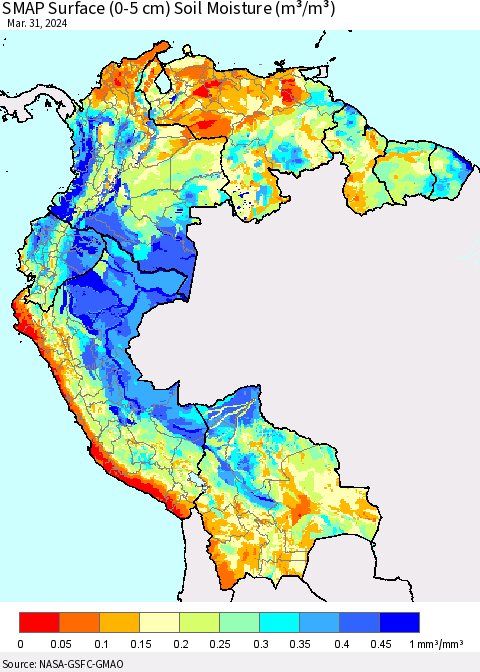 Northern South America SMAP Surface (0-5 cm) Soil Moisture (m³/m³) Thematic Map For 3/26/2024 - 3/31/2024