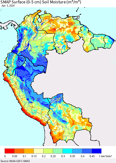 Northern South America SMAP Surface (0-5 cm) Soil Moisture (m³/m³) Thematic Map For 4/1/2024 - 4/5/2024