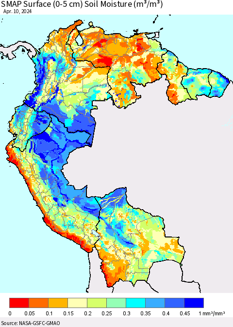 Northern South America SMAP Surface (0-5 cm) Soil Moisture (m³/m³) Thematic Map For 4/6/2024 - 4/10/2024