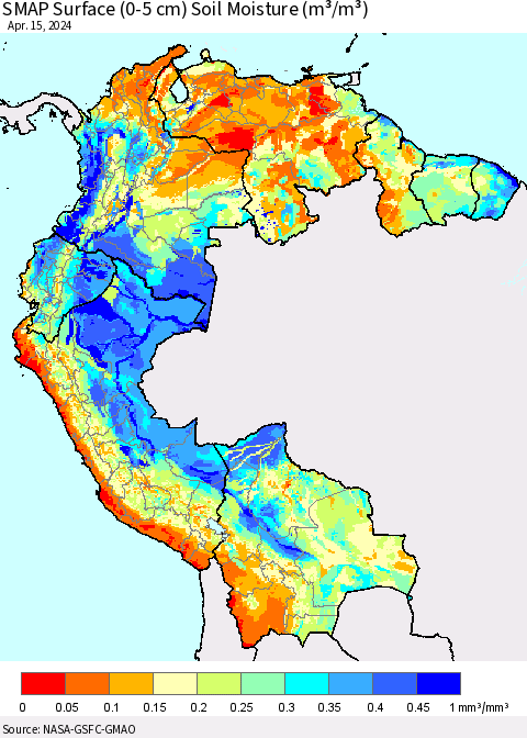 Northern South America SMAP Surface (0-5 cm) Soil Moisture (m³/m³) Thematic Map For 4/11/2024 - 4/15/2024
