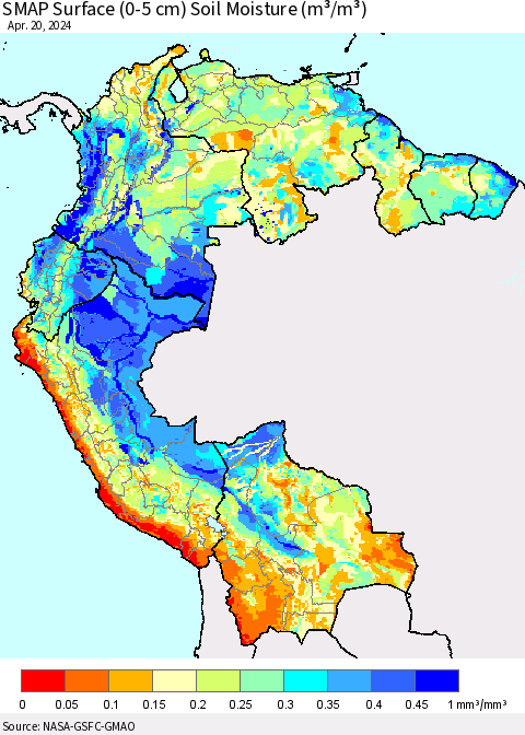 Northern South America SMAP Surface (0-5 cm) Soil Moisture (m³/m³) Thematic Map For 4/16/2024 - 4/20/2024