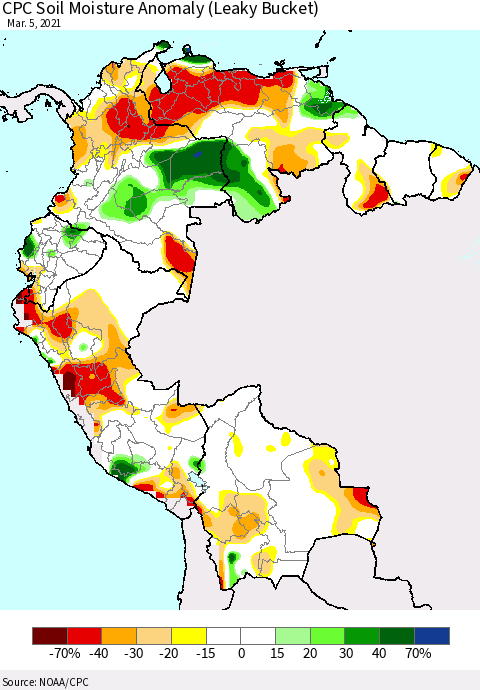Northern South America CPC Soil Moisture Anomaly (Leaky Bucket) Thematic Map For 3/1/2021 - 3/5/2021