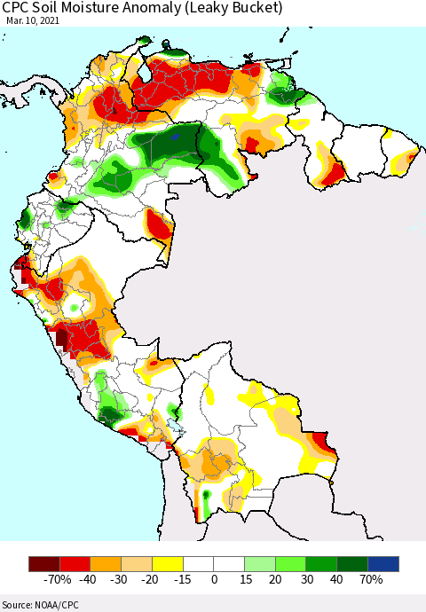 Northern South America CPC Soil Moisture Anomaly (Leaky Bucket) Thematic Map For 3/6/2021 - 3/10/2021