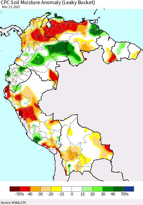 Northern South America CPC Soil Moisture Anomaly (Leaky Bucket) Thematic Map For 3/11/2021 - 3/15/2021