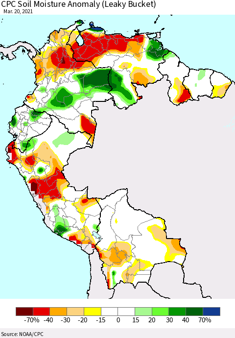 Northern South America CPC Soil Moisture Anomaly (Leaky Bucket) Thematic Map For 3/16/2021 - 3/20/2021