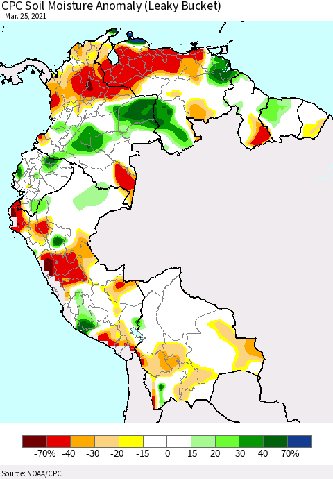 Northern South America CPC Soil Moisture Anomaly (Leaky Bucket) Thematic Map For 3/21/2021 - 3/25/2021