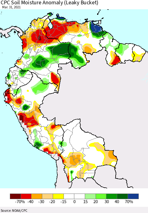 Northern South America CPC Soil Moisture Anomaly (Leaky Bucket) Thematic Map For 3/26/2021 - 3/31/2021