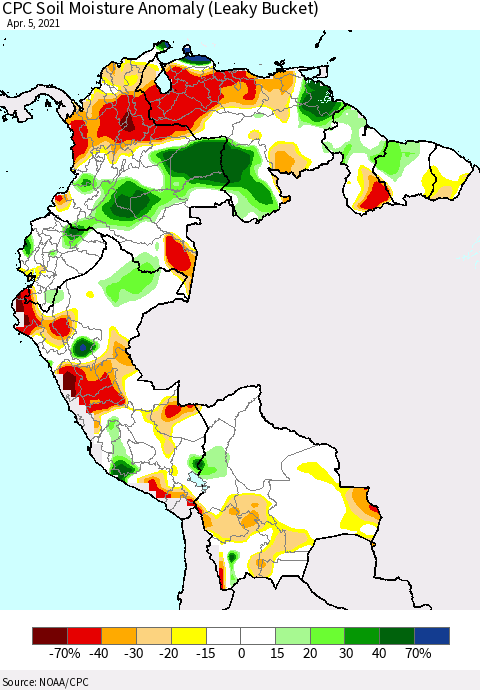 Northern South America CPC Soil Moisture Anomaly (Leaky Bucket) Thematic Map For 4/1/2021 - 4/5/2021