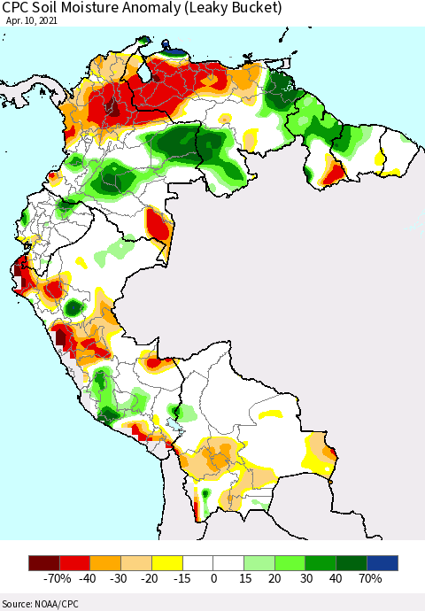Northern South America CPC Soil Moisture Anomaly (Leaky Bucket) Thematic Map For 4/6/2021 - 4/10/2021