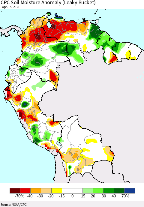 Northern South America CPC Soil Moisture Anomaly (Leaky Bucket) Thematic Map For 4/11/2021 - 4/15/2021