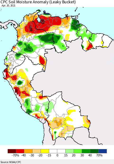 Northern South America CPC Soil Moisture Anomaly (Leaky Bucket) Thematic Map For 4/16/2021 - 4/20/2021