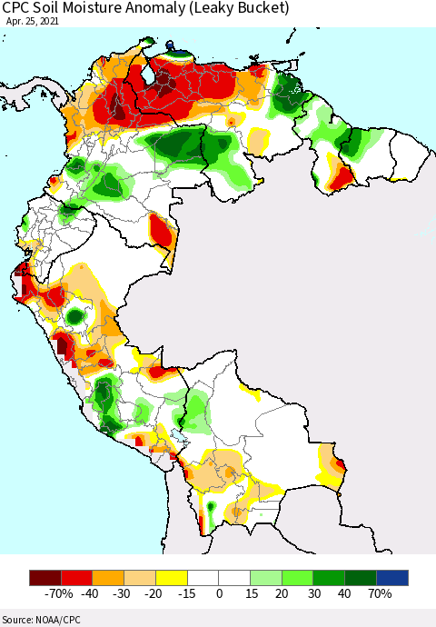 Northern South America CPC Soil Moisture Anomaly (Leaky Bucket) Thematic Map For 4/21/2021 - 4/25/2021