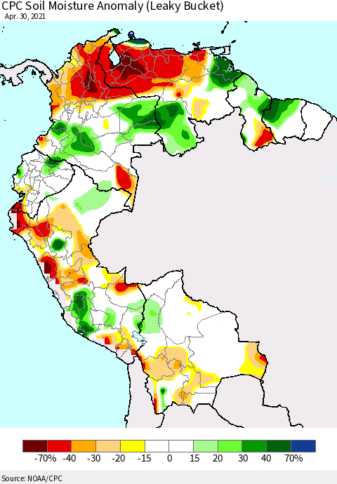 Northern South America CPC Soil Moisture Anomaly (Leaky Bucket) Thematic Map For 4/26/2021 - 4/30/2021
