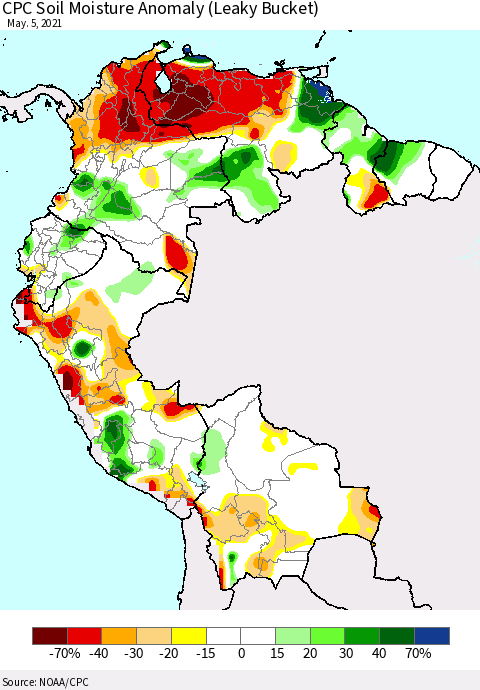 Northern South America CPC Soil Moisture Anomaly (Leaky Bucket) Thematic Map For 5/1/2021 - 5/5/2021