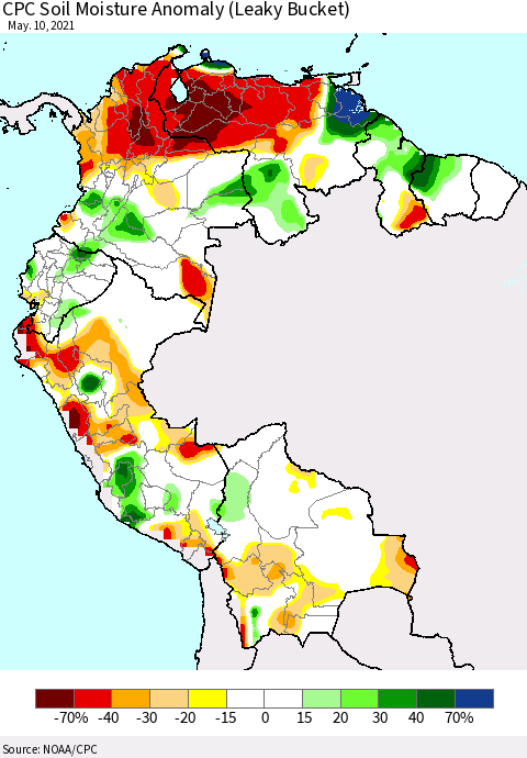 Northern South America CPC Soil Moisture Anomaly (Leaky Bucket) Thematic Map For 5/6/2021 - 5/10/2021