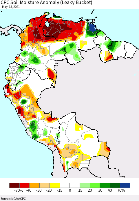 Northern South America CPC Soil Moisture Anomaly (Leaky Bucket) Thematic Map For 5/11/2021 - 5/15/2021
