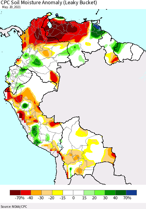 Northern South America CPC Soil Moisture Anomaly (Leaky Bucket) Thematic Map For 5/16/2021 - 5/20/2021