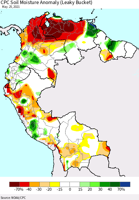 Northern South America CPC Soil Moisture Anomaly (Leaky Bucket) Thematic Map For 5/21/2021 - 5/25/2021