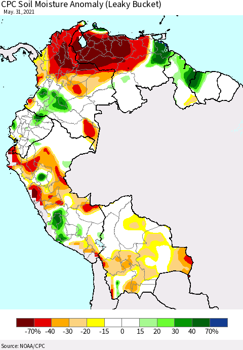 Northern South America CPC Soil Moisture Anomaly (Leaky Bucket) Thematic Map For 5/26/2021 - 5/31/2021