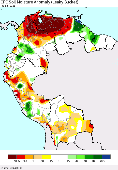 Northern South America CPC Soil Moisture Anomaly (Leaky Bucket) Thematic Map For 6/1/2021 - 6/5/2021