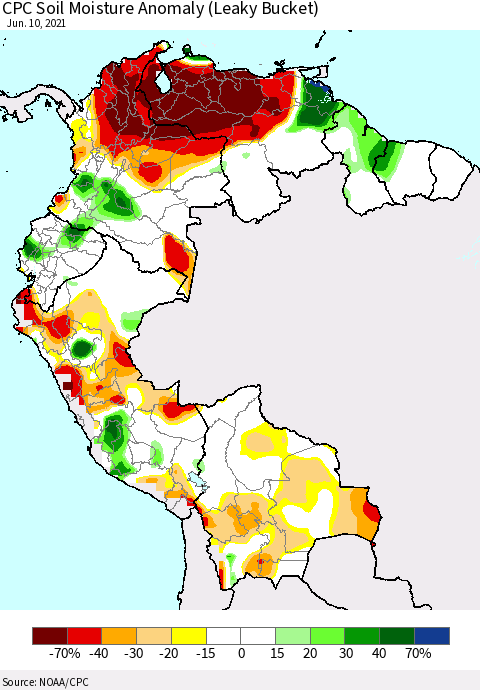 Northern South America CPC Soil Moisture Anomaly (Leaky Bucket) Thematic Map For 6/6/2021 - 6/10/2021