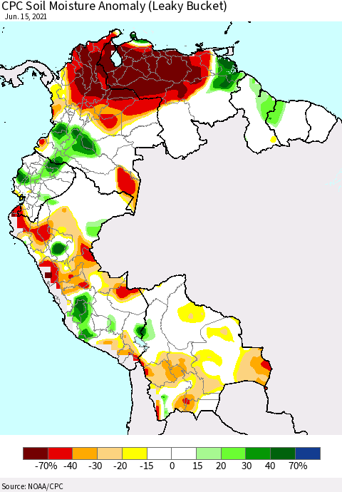 Northern South America CPC Soil Moisture Anomaly (Leaky Bucket) Thematic Map For 6/11/2021 - 6/15/2021