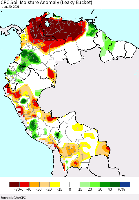 Northern South America CPC Soil Moisture Anomaly (Leaky Bucket) Thematic Map For 6/16/2021 - 6/20/2021