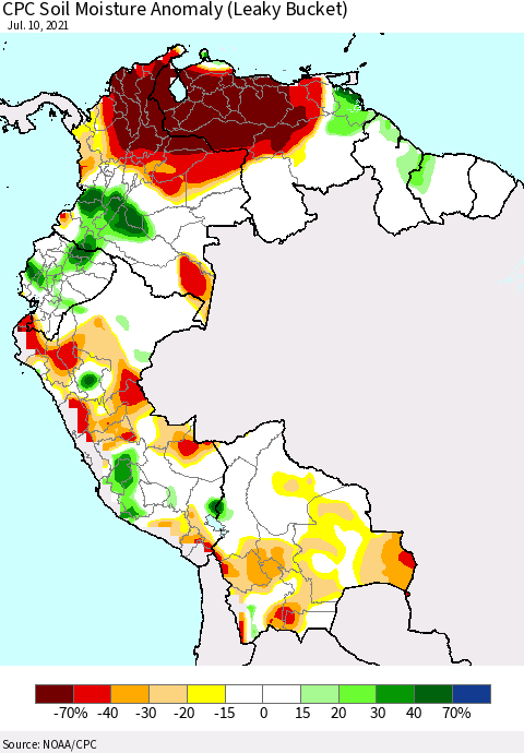 Northern South America CPC Soil Moisture Anomaly (Leaky Bucket) Thematic Map For 7/6/2021 - 7/10/2021
