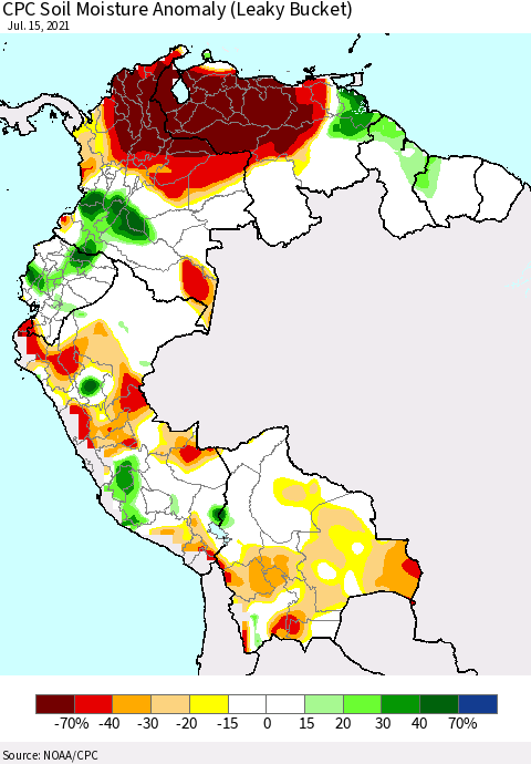 Northern South America CPC Soil Moisture Anomaly (Leaky Bucket) Thematic Map For 7/11/2021 - 7/15/2021