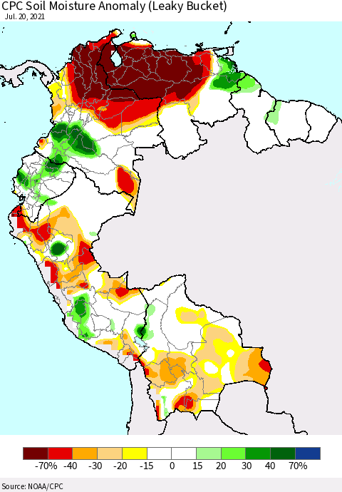 Northern South America CPC Soil Moisture Anomaly (Leaky Bucket) Thematic Map For 7/16/2021 - 7/20/2021
