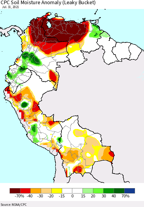 Northern South America CPC Soil Moisture Anomaly (Leaky Bucket) Thematic Map For 7/26/2021 - 7/31/2021