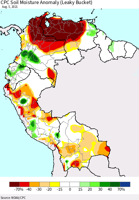 Northern South America CPC Soil Moisture Anomaly (Leaky Bucket) Thematic Map For 8/1/2021 - 8/5/2021