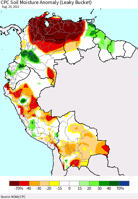 Northern South America CPC Soil Moisture Anomaly (Leaky Bucket) Thematic Map For 8/16/2021 - 8/20/2021