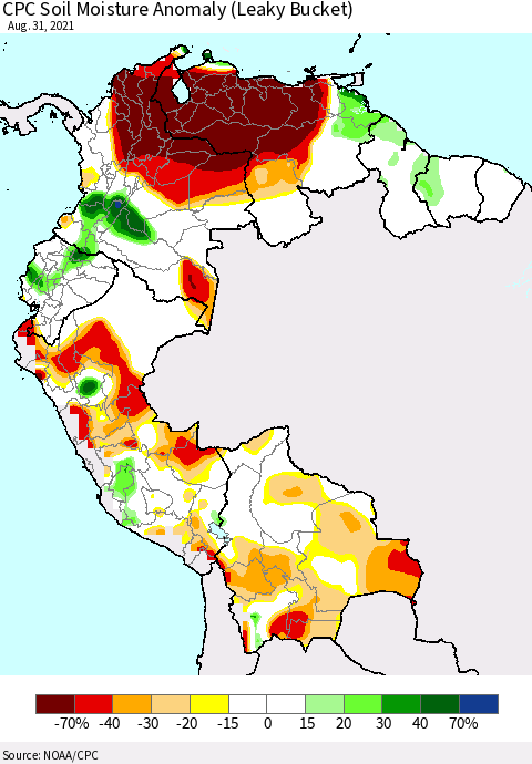 Northern South America CPC Soil Moisture Anomaly (Leaky Bucket) Thematic Map For 8/26/2021 - 8/31/2021