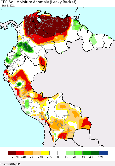 Northern South America CPC Soil Moisture Anomaly (Leaky Bucket) Thematic Map For 9/1/2021 - 9/5/2021