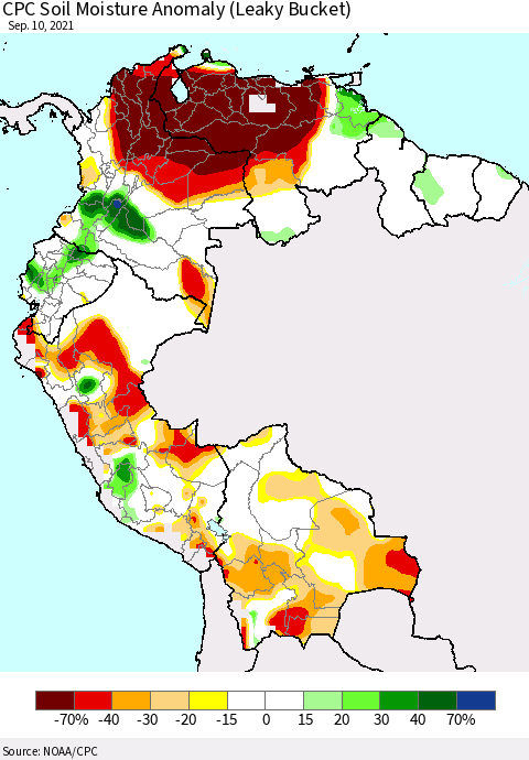 Northern South America CPC Soil Moisture Anomaly (Leaky Bucket) Thematic Map For 9/6/2021 - 9/10/2021