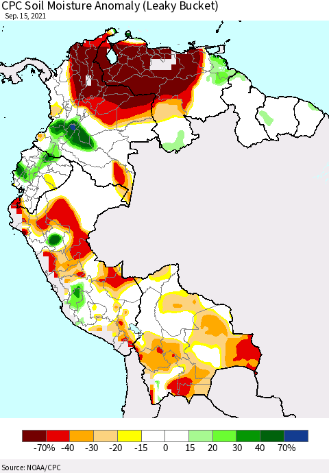 Northern South America CPC Soil Moisture Anomaly (Leaky Bucket) Thematic Map For 9/11/2021 - 9/15/2021